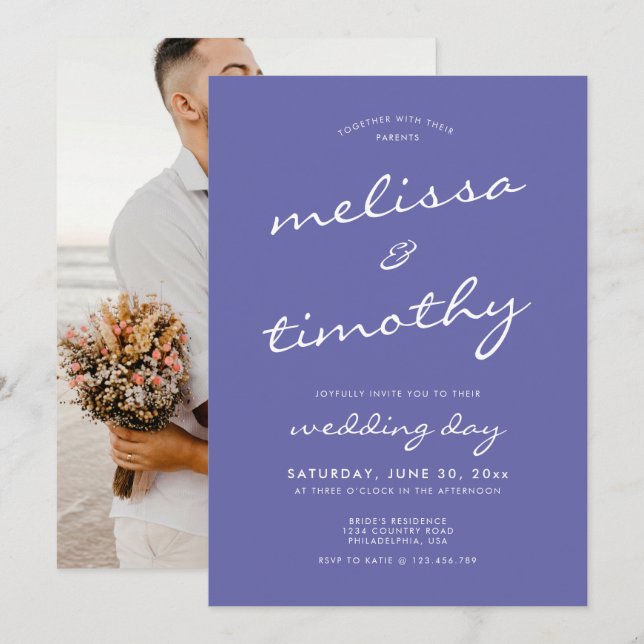 Convites Casamento Azul de Periwinkle com Script Minimalist (Frente/Verso)