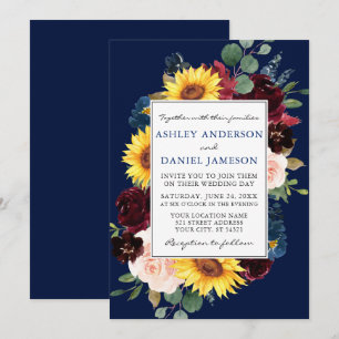 Convites Casamento Azul de Quadro Floral Misto Elegante