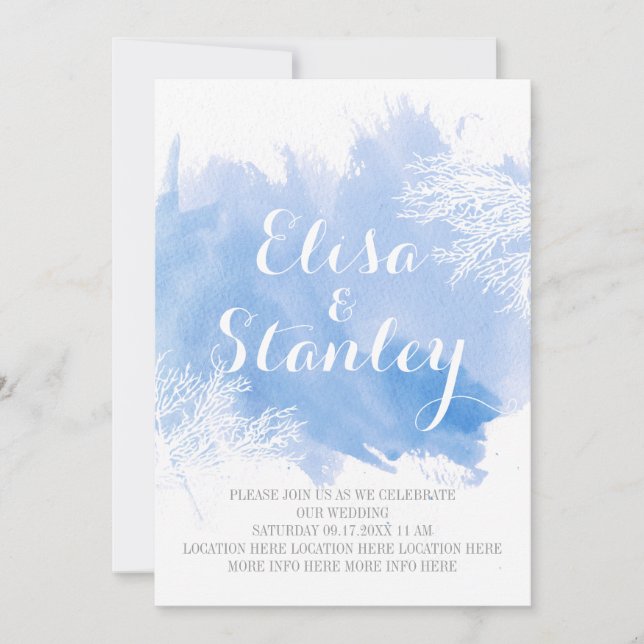 Convites Casamento azul de recife de coral abstrato moderno (Frente)