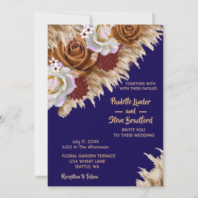 Convites Casamento Azul de Rosa de Cinnamon Marinho de Flor (Frente)