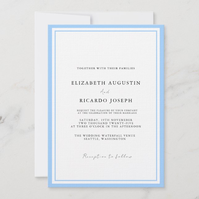 Convites Casamento Azul de Script Elegante e Chic (Frente)