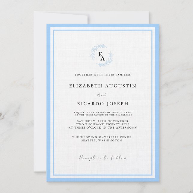 Convites Casamento Azul de Script Elegante e Chic (Frente)
