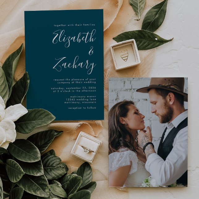 Convites Casamento Azul de Teal com Foto de Script Minimali (Criador carregado)