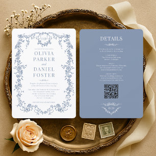 Convites Casamento Azul Desbotado Elegante Vitoriano Vintag