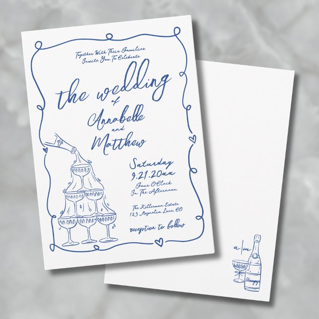 Convites Casamento Azul Desenhado Pela Mão (Whimsical Hand Drawn Blue Wedding Invitation)