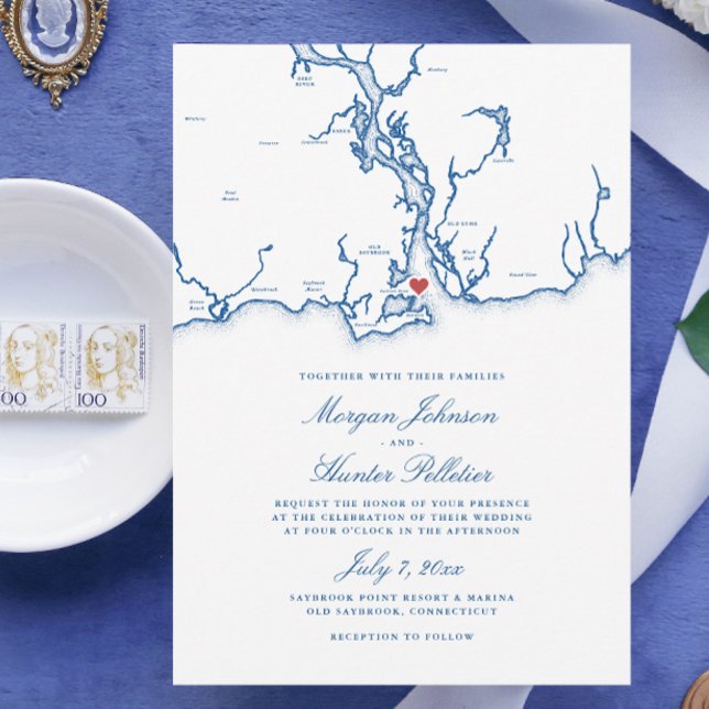Convites Casamento Azul do Antigo Mapeamento do Marinho Ele (Old Saybrook Connecticut Map Wedding Invitation in elegant navy blue from Coastal Map Designs)