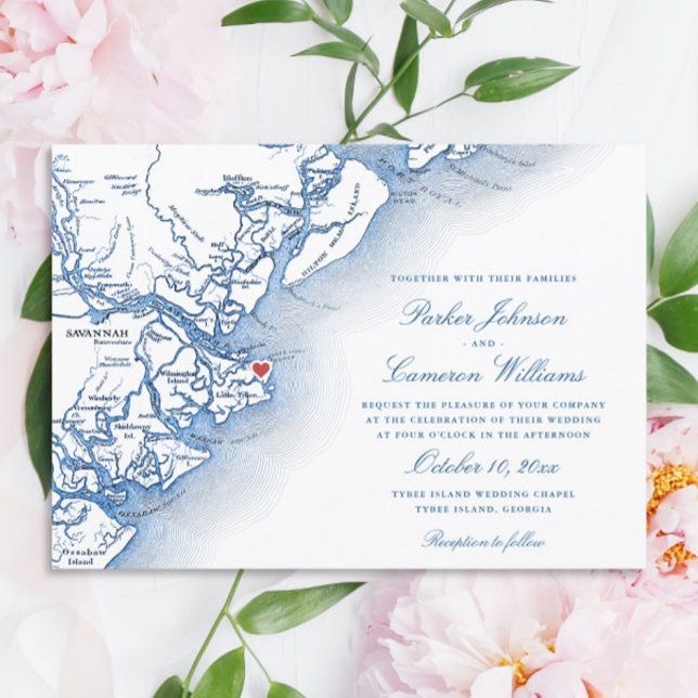 Convites Casamento Azul do Mapa da Geórgia, Ilha do Tybee E (Elegant Tybee Island Georgia Wedding Invitation with navy blue map from Coastal Map Designs)