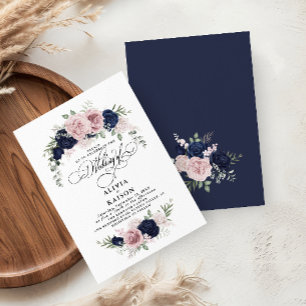Convites Casamento Azul do Marinho Blush Elegante Chic