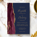 Convites Casamento Azul do Marinho de Agata Dourado Moderno<br><div class="desc">A borda esquerda deste elegante convite de casamento moderno mostra uma borda de água de cor azul,  aparada com brilho dourado. O texto personalizável combina manuscrito dourado,  fontes em copperplate e itálico em um fundo azul marinho. O lado inverso apresenta uma burgundy e uma design de agata dourada.</div>