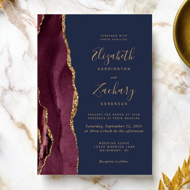 Convites Casamento Azul do Marinho de Agata Dourado Moderno (A perfect choice for a burgundy and navy blue themed wedding.)