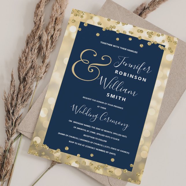 Convites Casamento Azul do Marinho de Champanhe Dourado Ele (Elegant Gold Champagne Navy Blue Wedding Invitation)