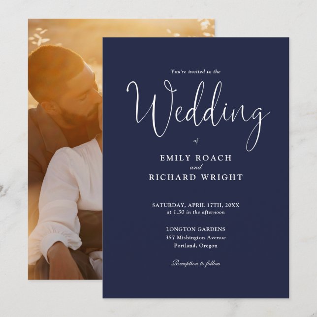 Convites Casamento Azul do Marinho de Fotografia do Script  (Frente/Verso)