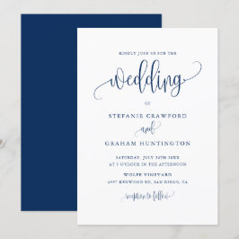 Convites Casamento Azul do Marinho de Script de Caligrafia