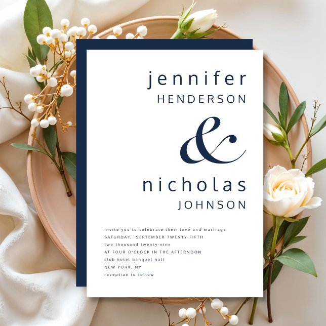 Convites Casamento Azul do Marinho Elegante Moderno (Modern Elegant Navy Blue Wedding Invitation)