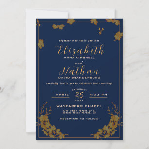 Convites Casamento Azul do Marinho Floral Dourado Elegante 