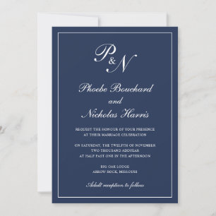 Convites Casamento Azul do Marinho Monograma Formal Elegant