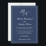 Convites Casamento Azul do Marinho Monograma Formal Elegant<br><div class="desc">Marinho de casamento azul de estilo tradicional com um design simples e clássico com seu monograma inicial e seus nomes em um dentro de caligrafia elegante de uma fronteira fina. Todos os elementos de design podem ser alterados na ferramenta de edição de design. Estes convites de casamento elegantes são perfeitos...</div>