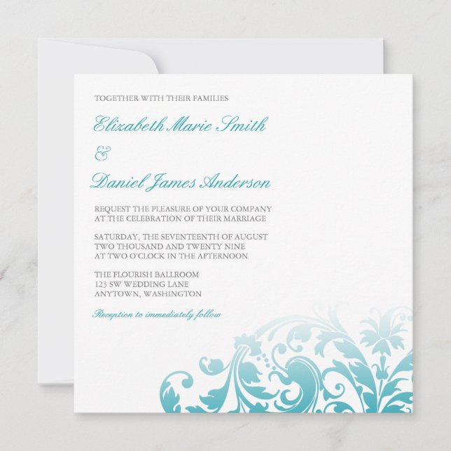 Convites Casamento azul do redemoinho do Flourish de Ombre (Frente)