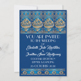 Convites Casamento Azul Dourado Antiquado - Evento Formal