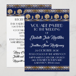 Convites Casamento Azul Dourado Antiquado - Evento Formal