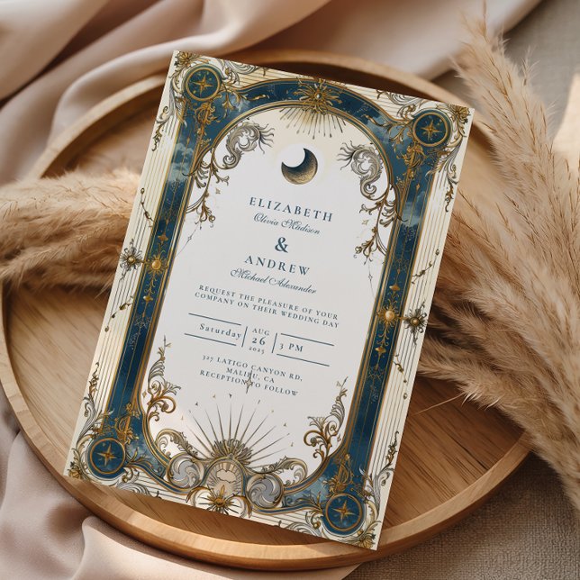Convites Casamento Azul Dourado Art Nouveau Celestial (Criador carregado)