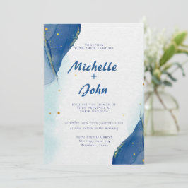 Convites Casamento Azul Dourado com Cor da Água Marble de i