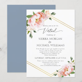 Convites Casamento Azul Dourado Dusty com Blush Virtual