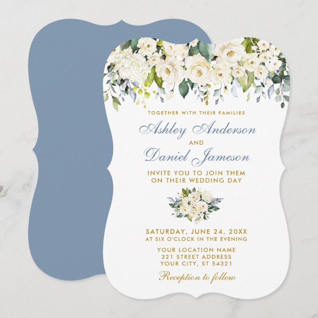 Convites Casamento Azul Dourado Floral Branca com Molho Azu (Frente/Verso)