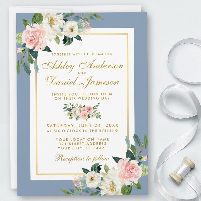 Convites Casamento Azul Dourado Floral Rosa-Cor-de-Água (Customize to change text size, style, color or add more text or photos to back of card.)