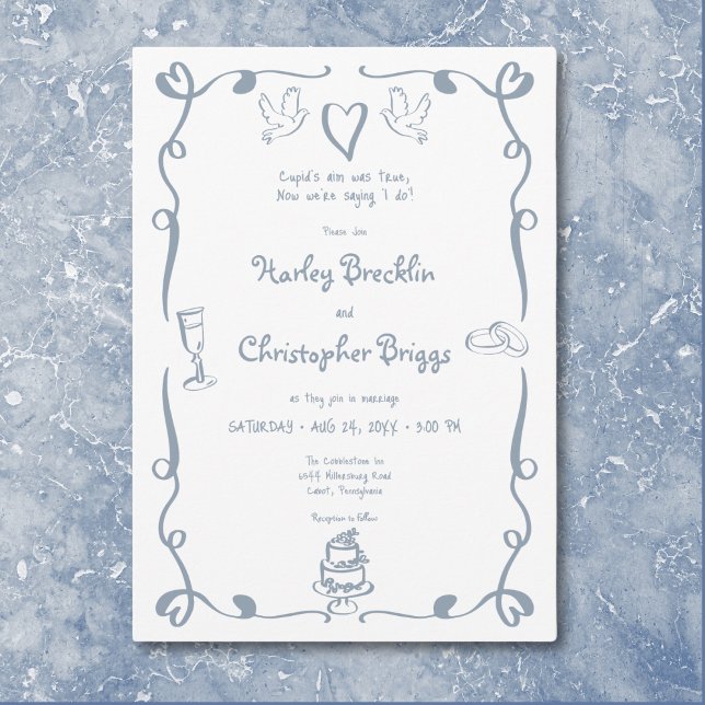 Convites Casamento Azul Dusty Com A Mão Retrópica (Whimsical Retro Hand Drawn Dusty Blue Wedding Invitation)