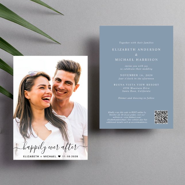 Convites Casamento Azul Dusty com Código QR de Foto de Scri (Elegant all-in-one wedding invite featuring your photo + a QR code linked to your wedding website)