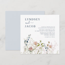 Convites Casamento Azul Dusty com Flores Selvagens de Aquar