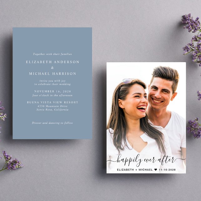 Convites Casamento Azul Dusty Foto de Script Elegante (Celebrate your love story with a modern happily ever after wedding invitation showcasing your photo)
