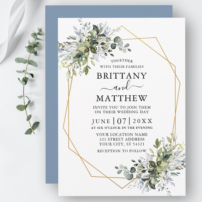 Convites Casamento Azul Dusty Geo Geo Greenery (Customize to change text color, style, add text & photos to back or change color of back of card.)