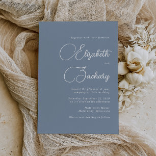 Convites Casamento Azul Dusty, Script Elegante