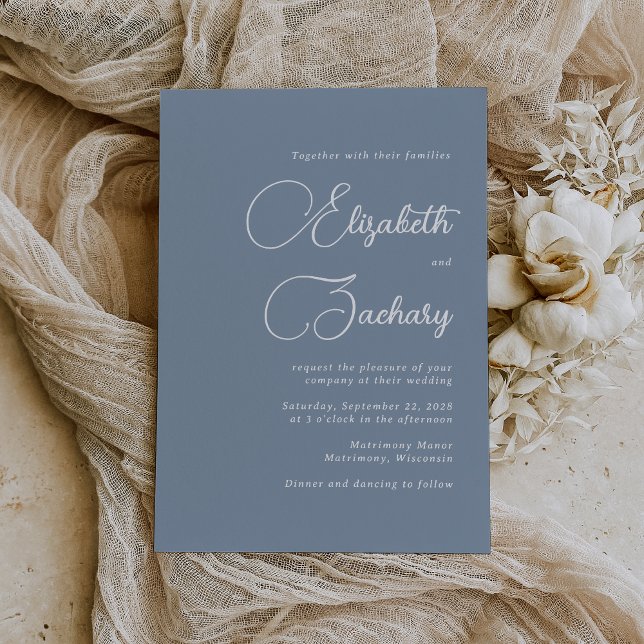 Convites Casamento Azul Dusty, Script Elegante (The perfect choice for a wedding with a dusty blue color palette.)