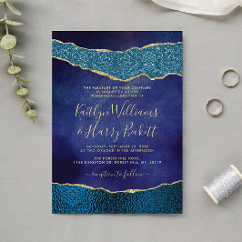 Convites Casamento Azul e Agato Dourado do Marinho Elegante