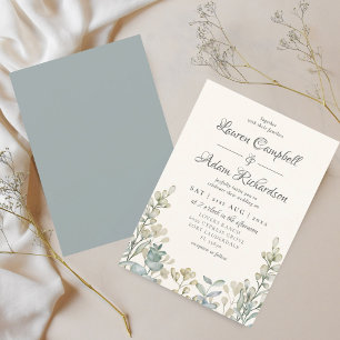 Convites Casamento Azul e Bege com Eucalipto Boho Aquarela