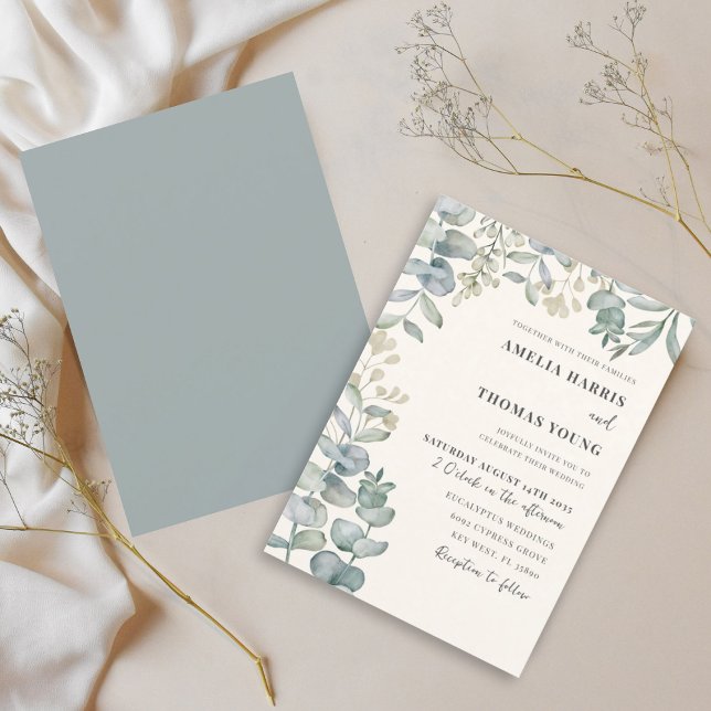 Convites Casamento Azul e Bege com Eucalipto Boho Aquarela (Criador carregado)