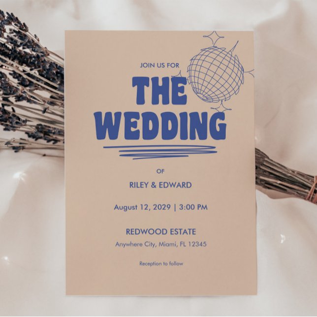 Convites Casamento Azul e Bege Retro Ousado (Criador carregado)