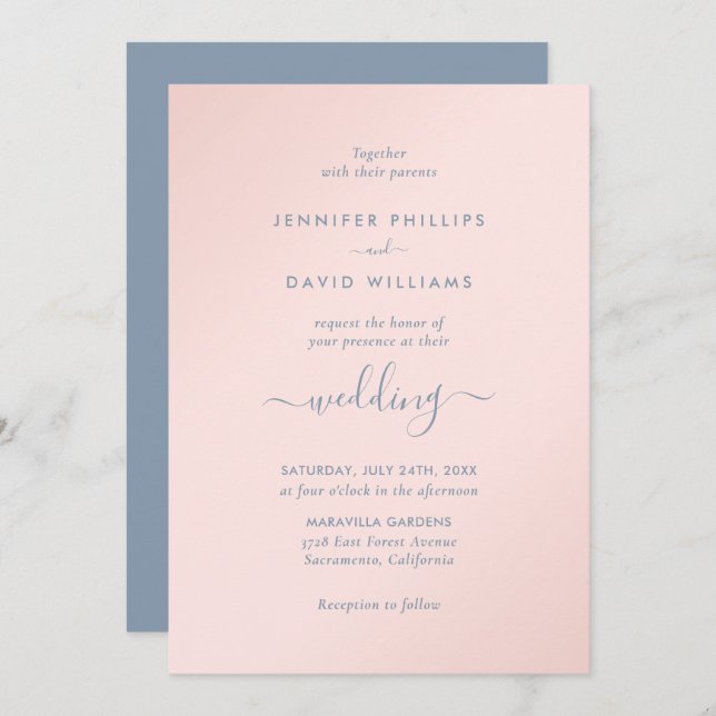 Convites Casamento Azul e Blush com Script Moderno (Frente/Verso)
