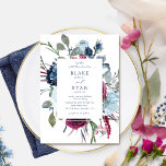 Convites Casamento azul e borgonha do Marinho Elegante<br><div class="desc">Aprecie seus hóspedes com este convite floral de tirar o fôlego mostrando seus detalhes de casamento com buquê de aquarelas maravilhosas, com flores e folhagem em matizes marinhos, azuis e burgundy. O cartão está a mostrar buquê floral com monograma de casais. Parte da nossa coleção "Berry, Blue and Burgundy Floral"...</div>