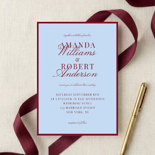Convites Casamento Azul e Borgonha Elegante com Estilo Old 