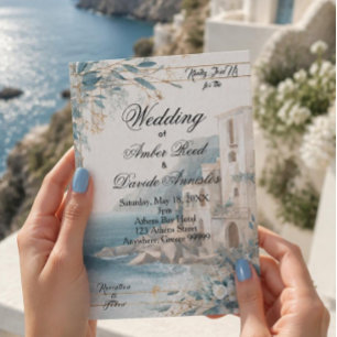 Convites Casamento Azul e Branco à Beira-Mar Mediterrâneo