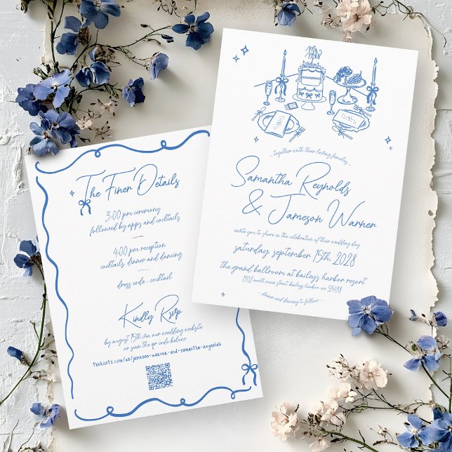 Convites Casamento Azul e Branco Desenho Da Mão Retroativa (Modern minimalist hand drawn handwritten quirky blue and white scribbles doodles wedding invitation)