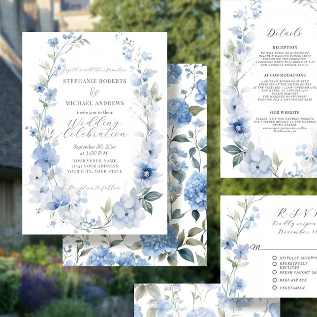 Convites Casamento Azul e Branco Floral Elegante de Verão (Criador carregado)