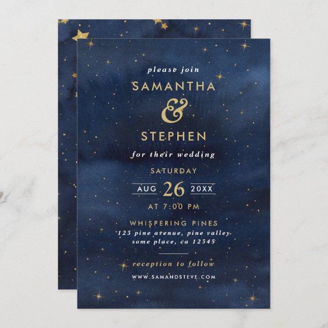 Convites Casamento Azul e Dourado com Starry Night Sky (Frente/Verso)