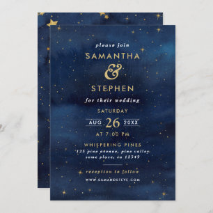 Convites Casamento Azul e Dourado com Starry Night Sky