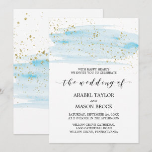 Convites Casamento azul e Dourado da aguarela da faísca