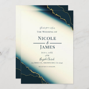 Convites Casamento Azul e Dourado da Praia Costeira Moderna